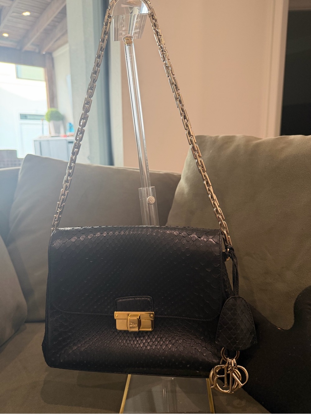 Christian Dior Diorling Chain Shoulder Bag Black Calfskin Leather Women